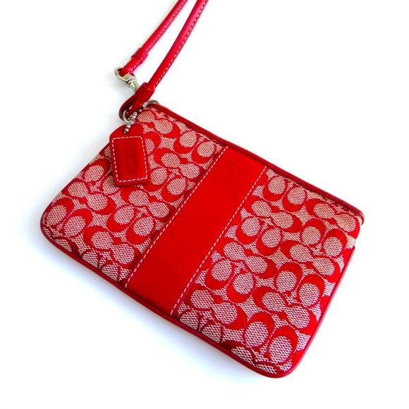 Vintage New Coach Red Signature Logo Leather & Canvas Wristlet with Duster Bag. - Picture 5 of 13